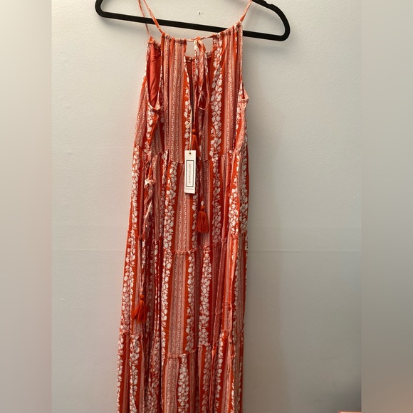 NWT Rust Tasseled Drawstring Halter Neck Maxi Dress with self Tie Boho - Picture 8 of 10